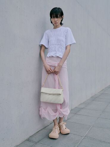 กระเป๋าสะพายไหล่ดีไซน์ลายเส้นพร้อมสายโซ่รุ่น Fawn, สีครีม, hi-res