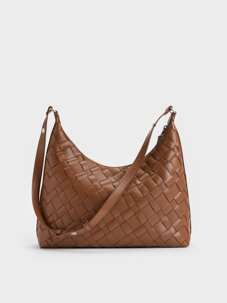 กระเป๋าโฮโบดีเทลงานสานประดับพู่รุ่น Ivette, สีช็อคโกแลต, hi-res