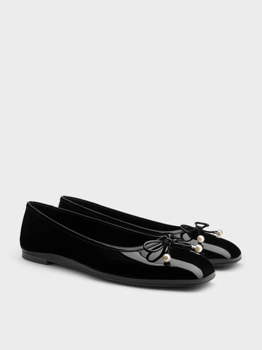 Barbara Patent Pearl-Embellished Bow Ballet Flats, Black Patent, hi-res