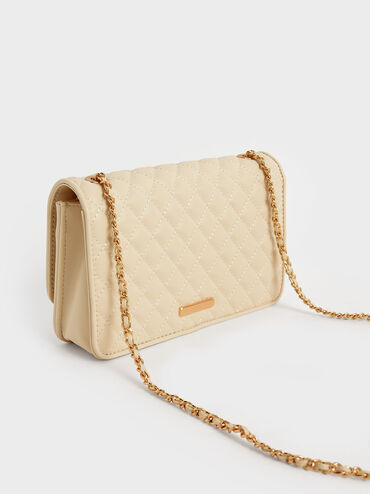 Quilted Turn-Lock Evening Clutch, สีเบจ, hi-res