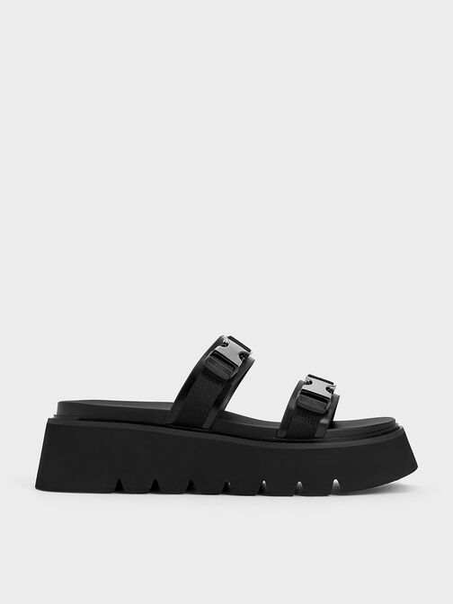 Laine Metallic-Buckle Flatform Sandals, Black, hi-res