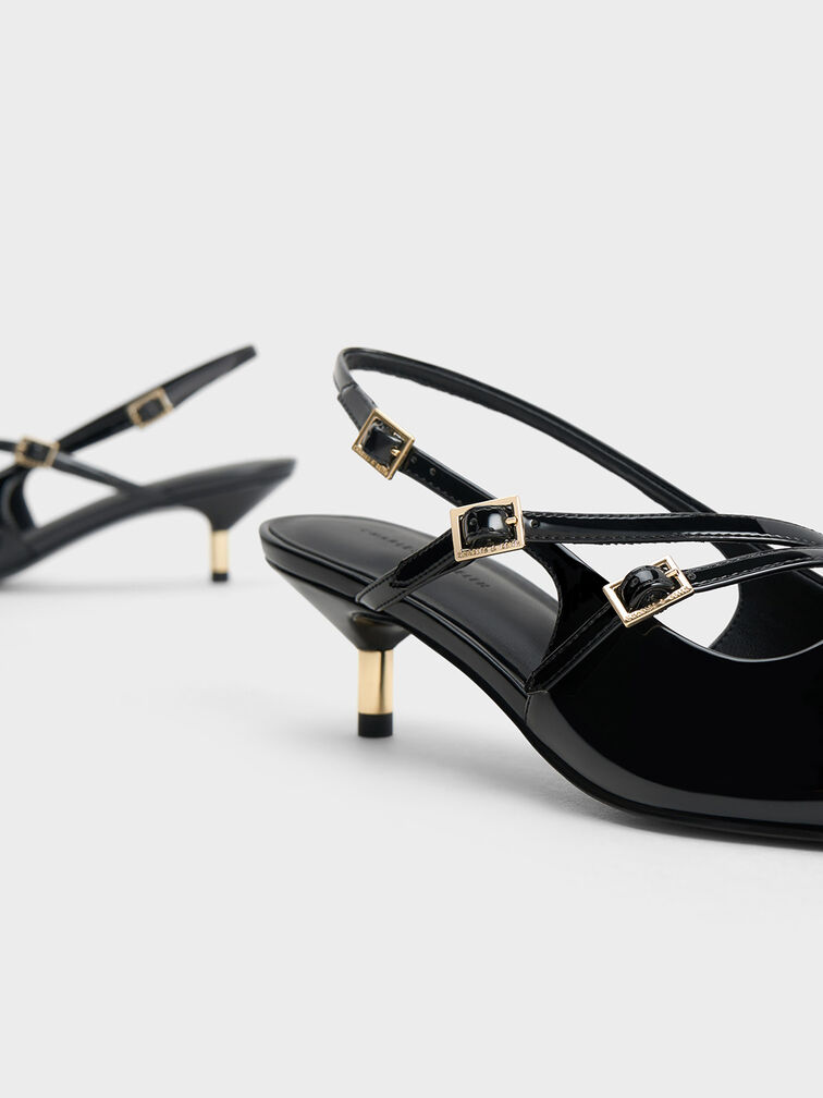 Patent Buckle-Strap Kitten Heel Slingback Pumps, หนังแก้วสีดำ, hi-res