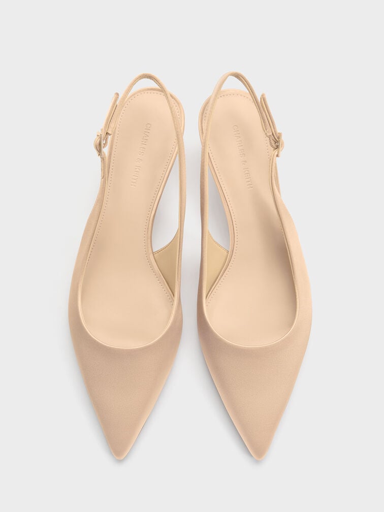 Satin Pointed-Toe Crystal-Heel Slingback Pumps, Gold, hi-res