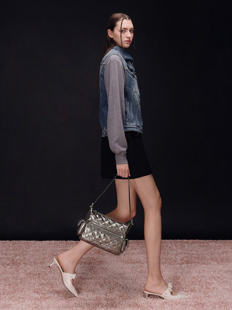 Duo Metallic Quilted Shoulder Bag, Pewter, hi-res