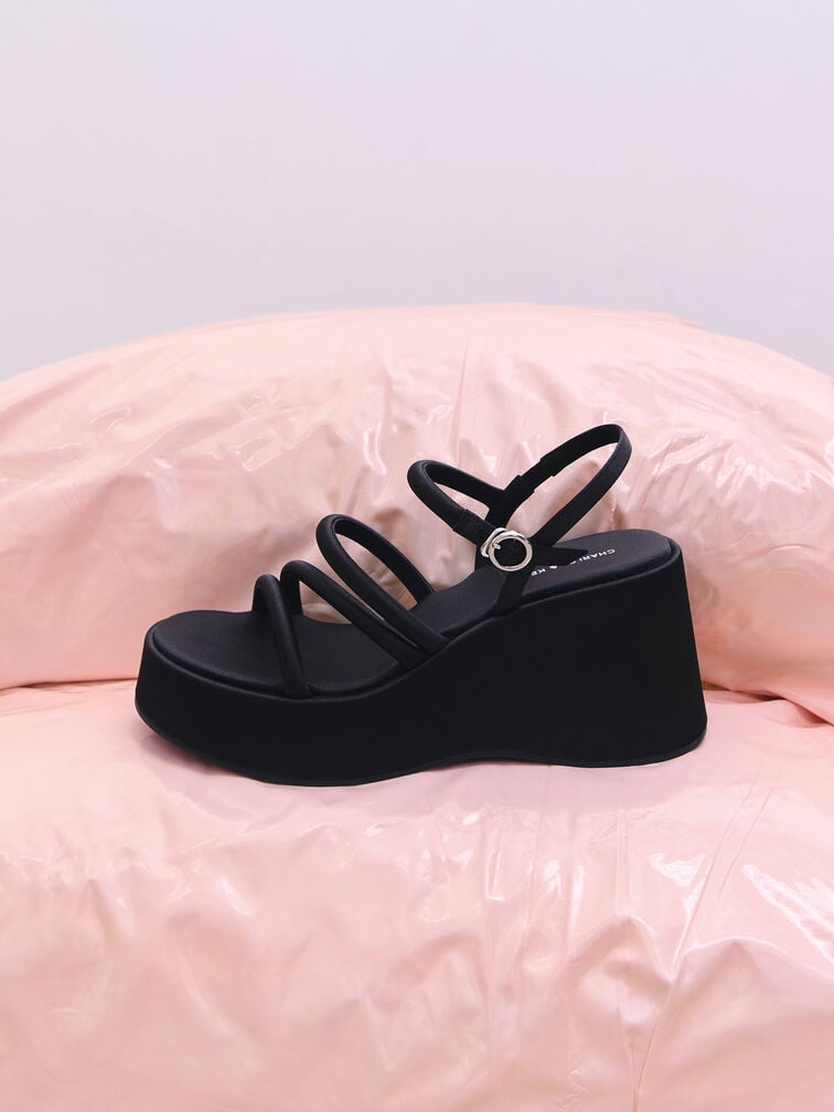Lindon Satin Strappy Platform Wedges, Black Textured, hi-res