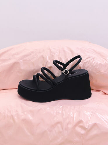 Lindon Satin Strappy Platform Wedges, Black Textured, hi-res