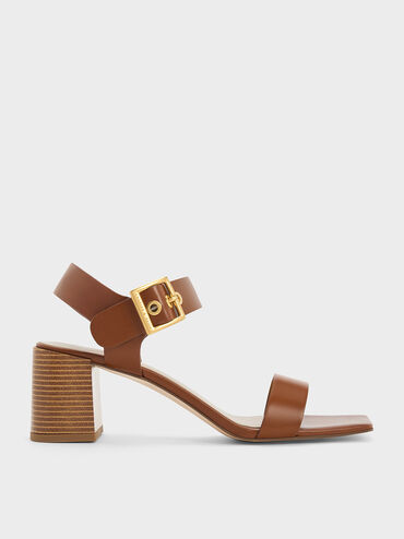 Square-Buckle Block Heel Sandals, สีคอนยัค, hi-res