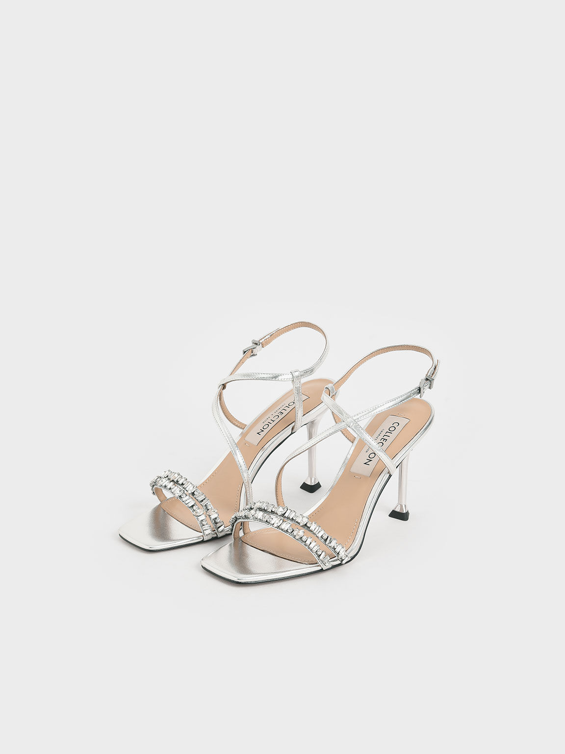 Wedding Collection: Metallic Leather Gem-Embellished Asymmetric Sandals, Silver, hi-res