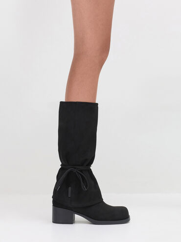 Faux Suede Tie-Around Knee-High Boots, Black Textured, hi-res