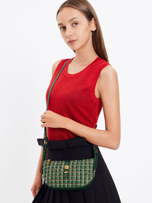 Trudy Tweed Belted Geometric Bag, Dark Green, hi-res