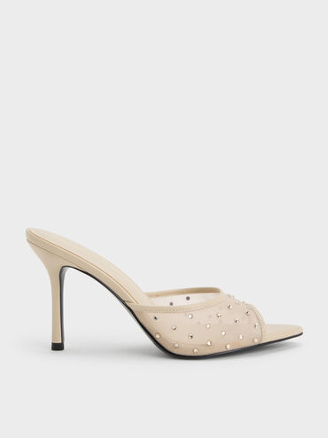 Mesh Crystal Peep-Toe Heeled Mules, Beige, hi-res