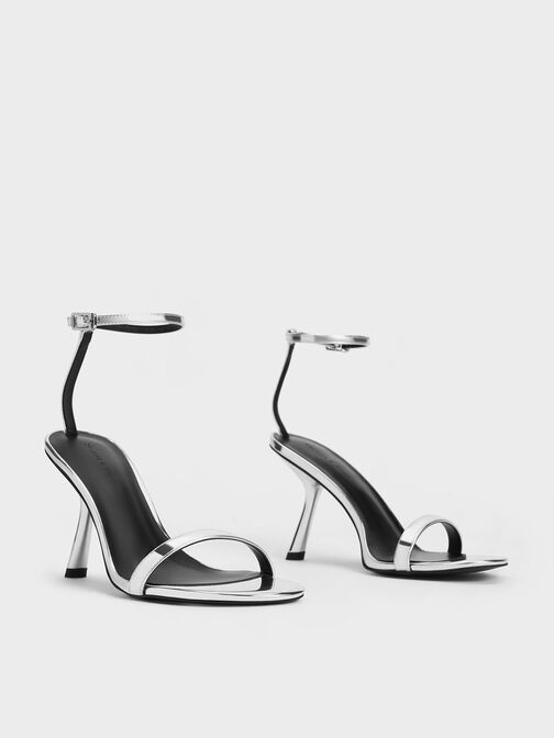 Metallic Slant-Heel Ankle-Strap Sandals, สีเงิน, hi-res