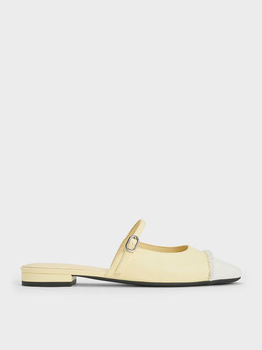 Pearl-Embellished Cap-Toe Flat Mules, Butter, hi-res