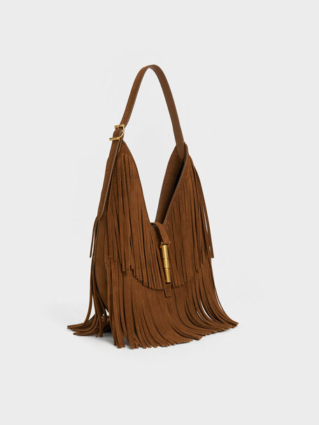 กระเป๋าโฮโบวัสดุหนังกลับรีไซเคิลตกแต่งพู่รุ่น Cesia, สีเซียนนาบราวน์, hi-res