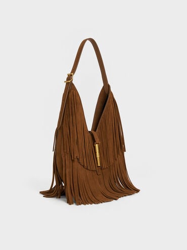 กระเป๋าโฮโบวัสดุหนังกลับรีไซเคิลตกแต่งพู่รุ่น Cesia, สีเซียนนาบราวน์, hi-res