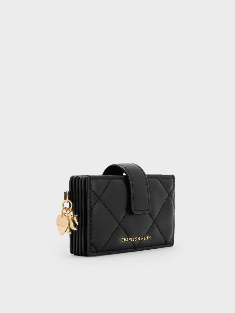 กระเป๋าใส่บัตรลายควิลท์พร้อมสายรัดประดับชาร์มรูปหัวใจโบว์รุ่น Arrietty, สีดำ, hi-res