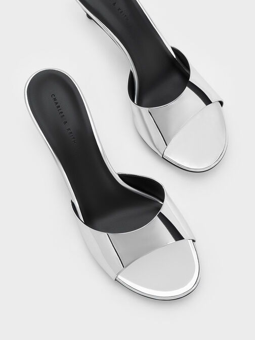 Metallic Slant Heel Mules, Silver, hi-res