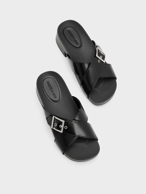 Buckled Crossover Platform Sandals, สีดำ, hi-res