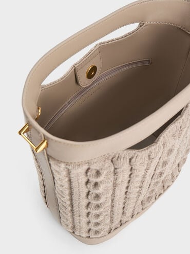 Apolline Textured Knit Bucket Bag, สีโทป, hi-res