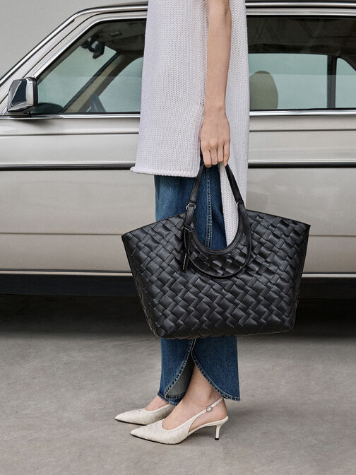 Woven Pointed-Toe Slingback Pumps, Chalk, hi-res