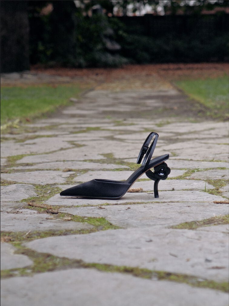Pointed Flower-Heel Ankle-Strap Pumps, Black Textured, hi-res