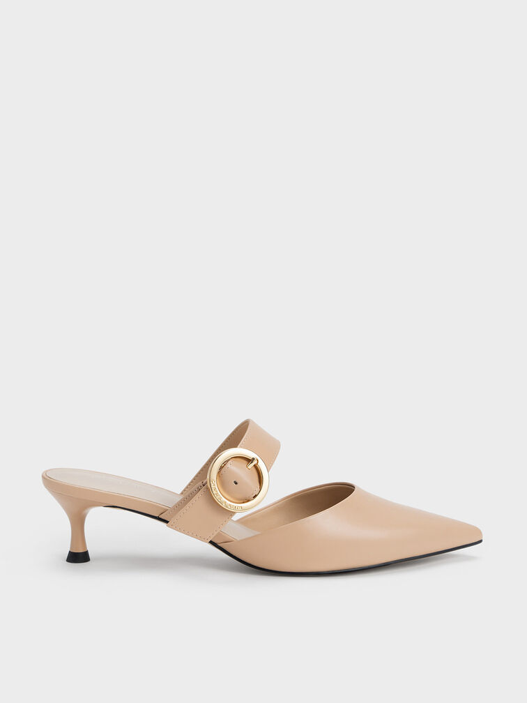 Buckled Strap Spool Heel Mules, Nude, hi-res