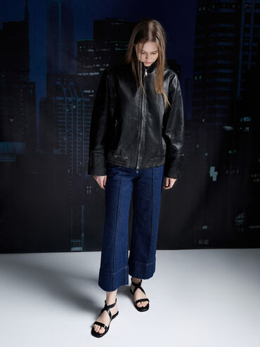 Crossover-Strap Square-Toe Sandals, Black, hi-res
