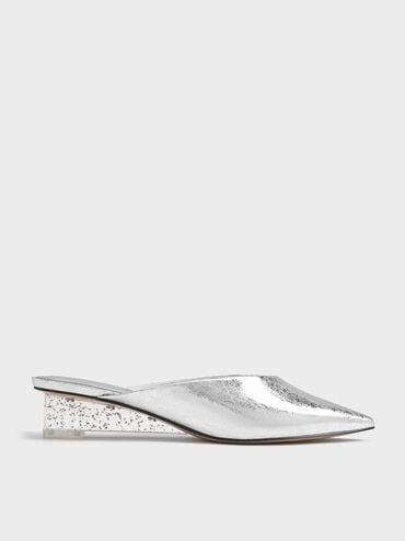 Metallic Crinkle-Effect Speckled-Heel Wedge Mules​, Silver, hi-res