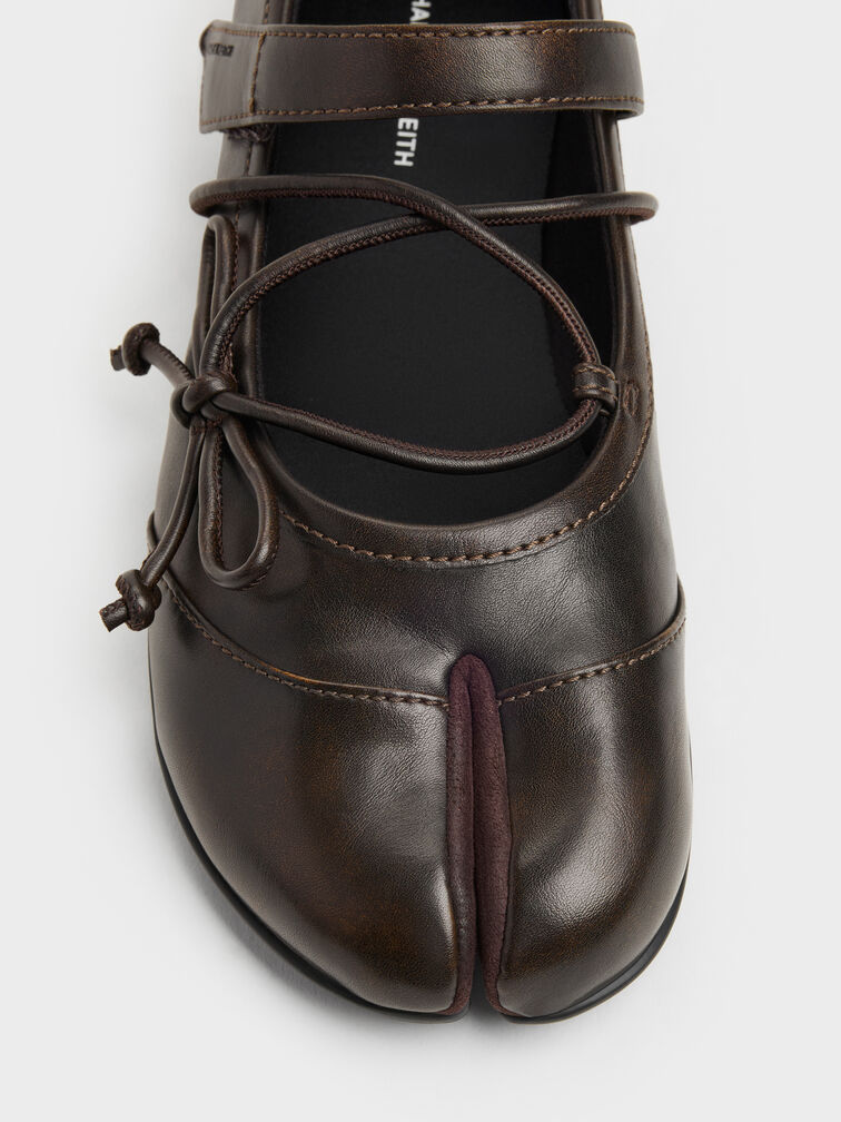 Aether Lace-Up Split-Toe Mary Jane Flats, Brown, hi-res