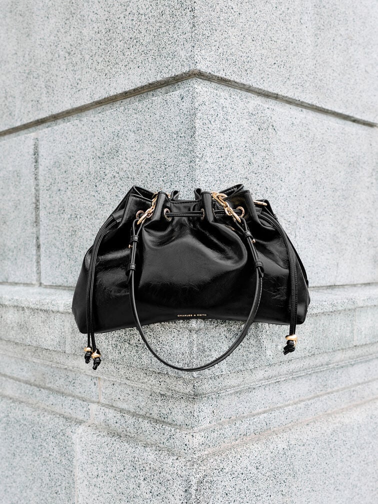 Moxie Drawstring Bucket Bag, Black, hi-res