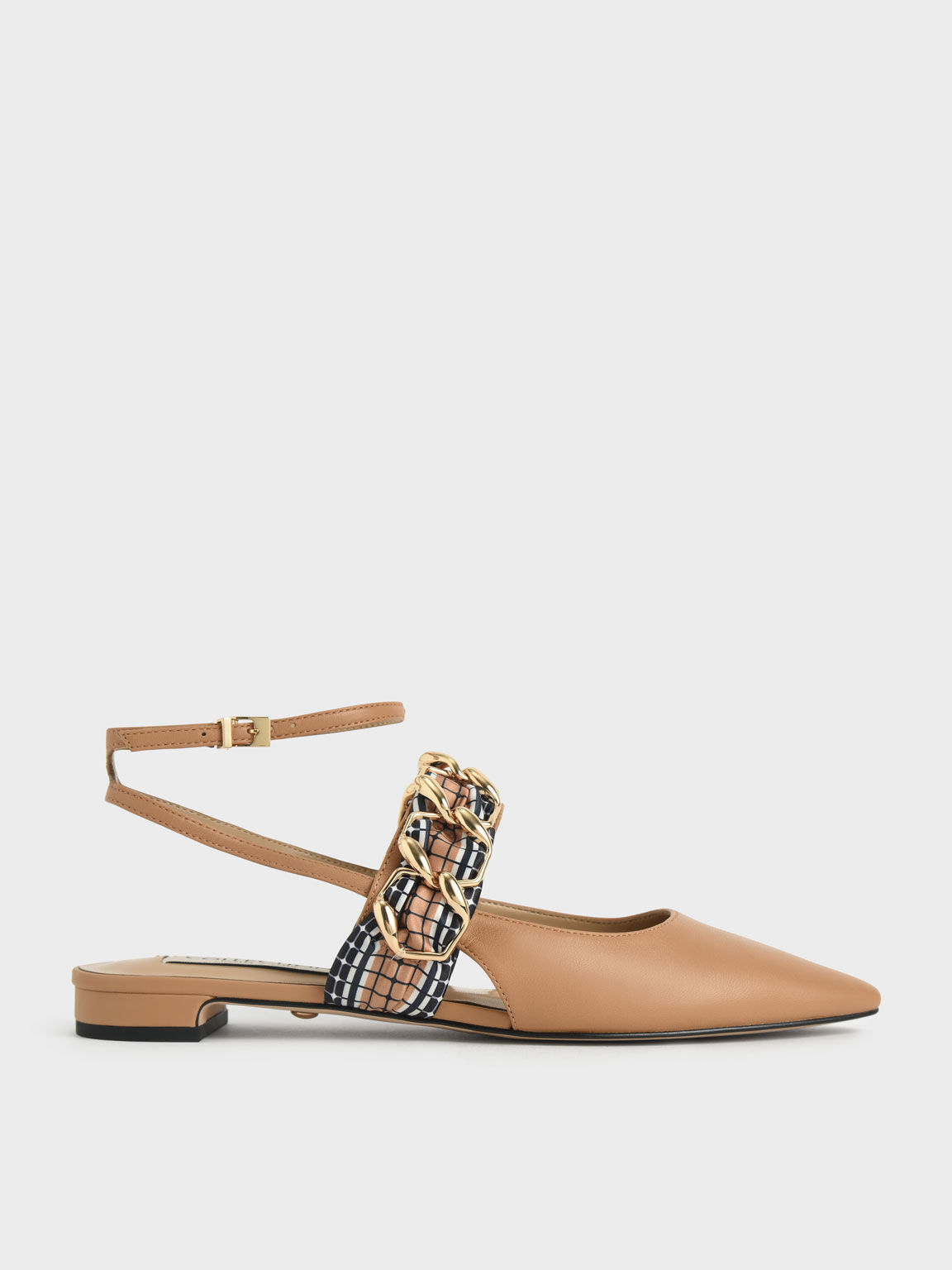 Printed Fabric Scarf Leather Ballet Pumps, Caramel, hi-res