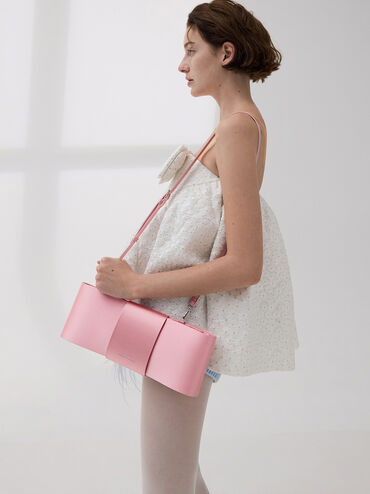 กระเป๋าสะพายไหล่ผ้าซาตินดีไซน์โบว์แบบยาว, สีฟลามิงโกพิงค์, hi-res