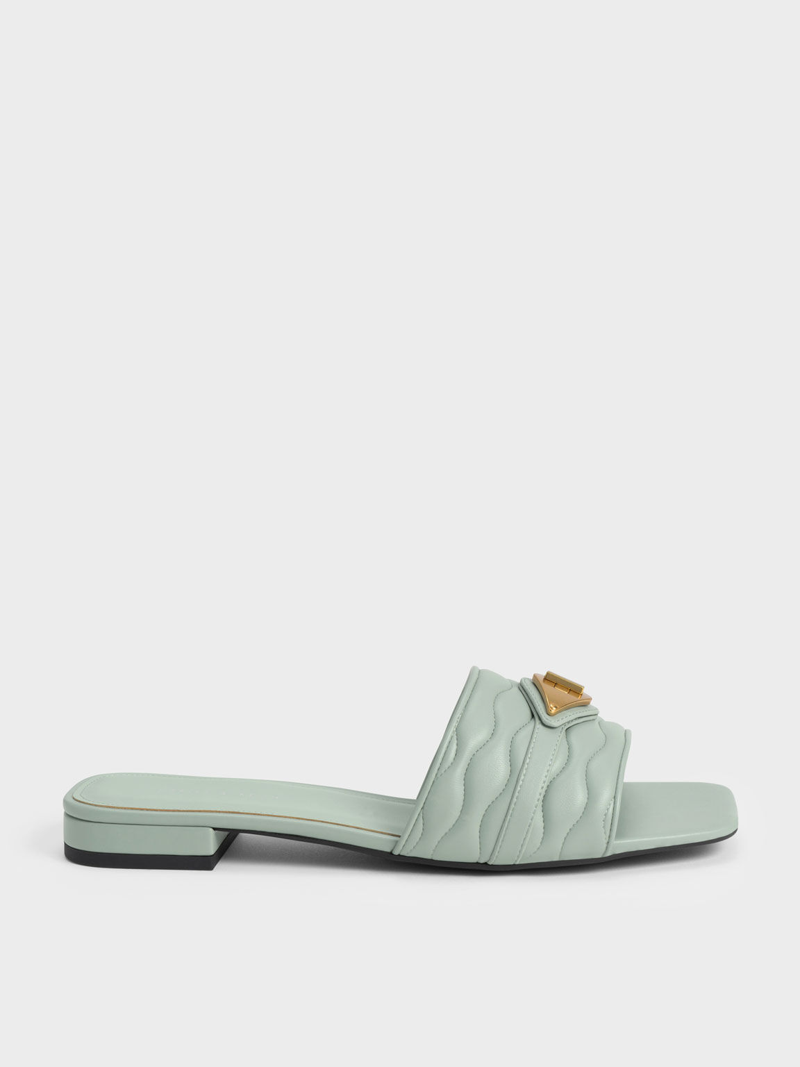 Mint Green Metallic Buckle Textured Slides CHARLES KEITH TH