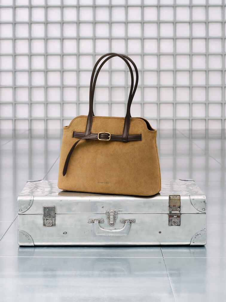 Victoria Recycled Suede Belted Trapeze Tote Bag, Sahara Sand, hi-res