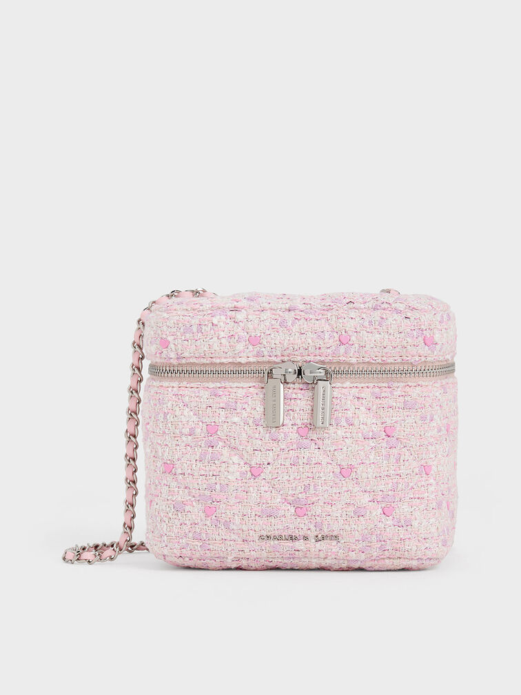 Nezu Tweed Quilted Heart-Print Bag, Pink, hi-res