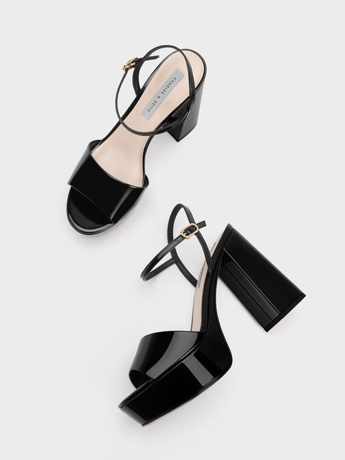 Peep-Toe Patent Platform Sandals, หนังแก้วสีดำ, hi-res
