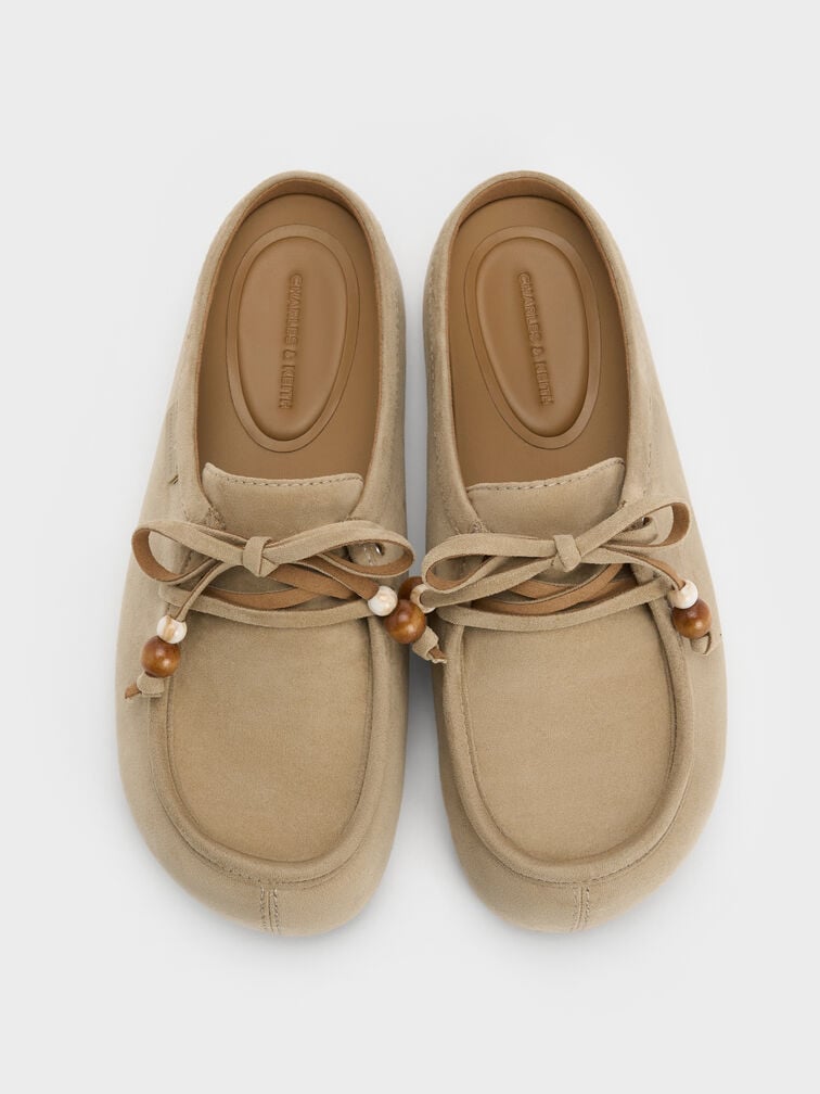 รองเท้าเปิดส้นวัสดุหนังกลับสังเคราะห์ดีเทลเชือกตกแต่งด้วยลูกปัดรุ่น Gale, สีเบจ, hi-res