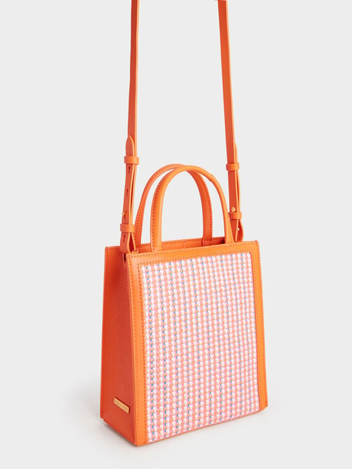 Tweed Double Handle Tote Bag, สีส้ม, hi-res