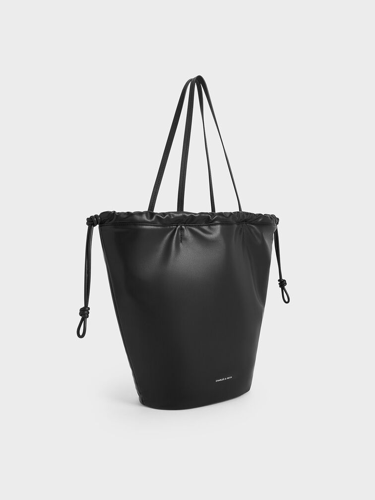 Sianna Ruched Drawstring Tote Bag, Black, hi-res