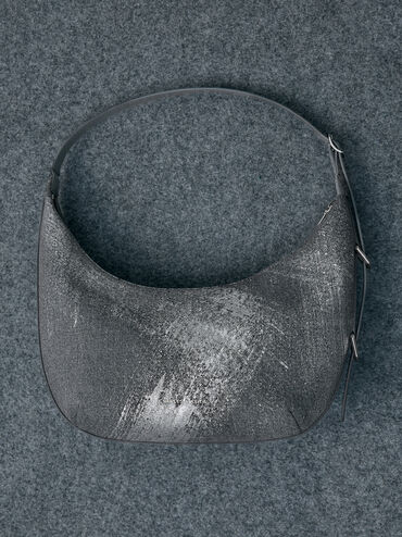Bryna Denim Curved Hobo Bag, Silver Brushed Denim, hi-res