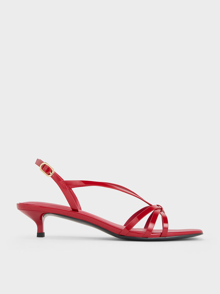 Patent Kitten-Heel Strappy Sandals, Red, hi-res
