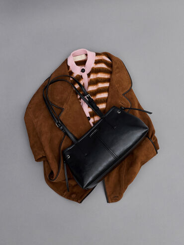 กระเป๋าสะพายไหล่หูจับทรงยาวรุ่น Noane, สีดำอะไหล่สีเงิน, hi-res