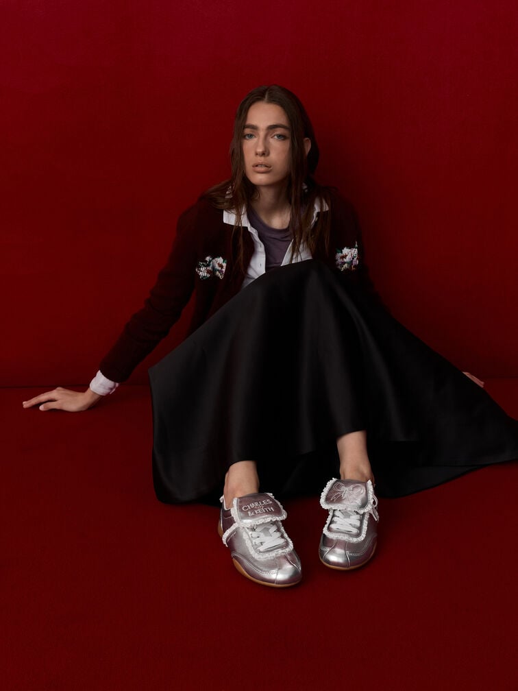 Louise Lace-Trim Sneakers, Silver, hi-res