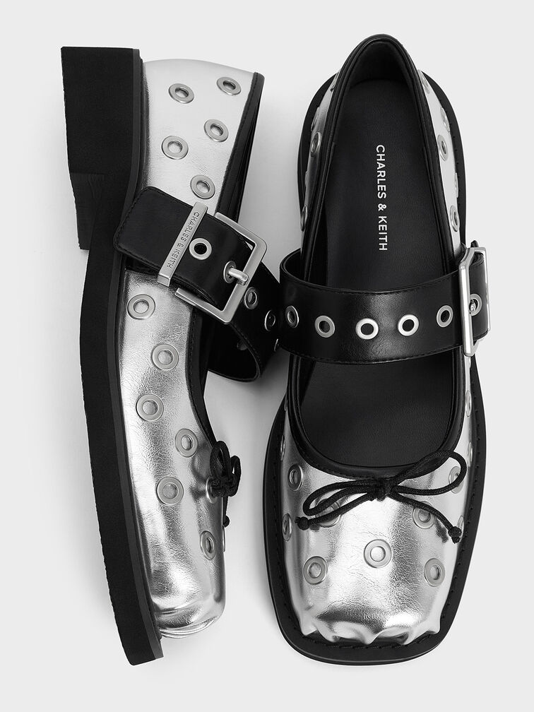 Metallic Grommet Buckled Mary Janes, Silver, hi-res