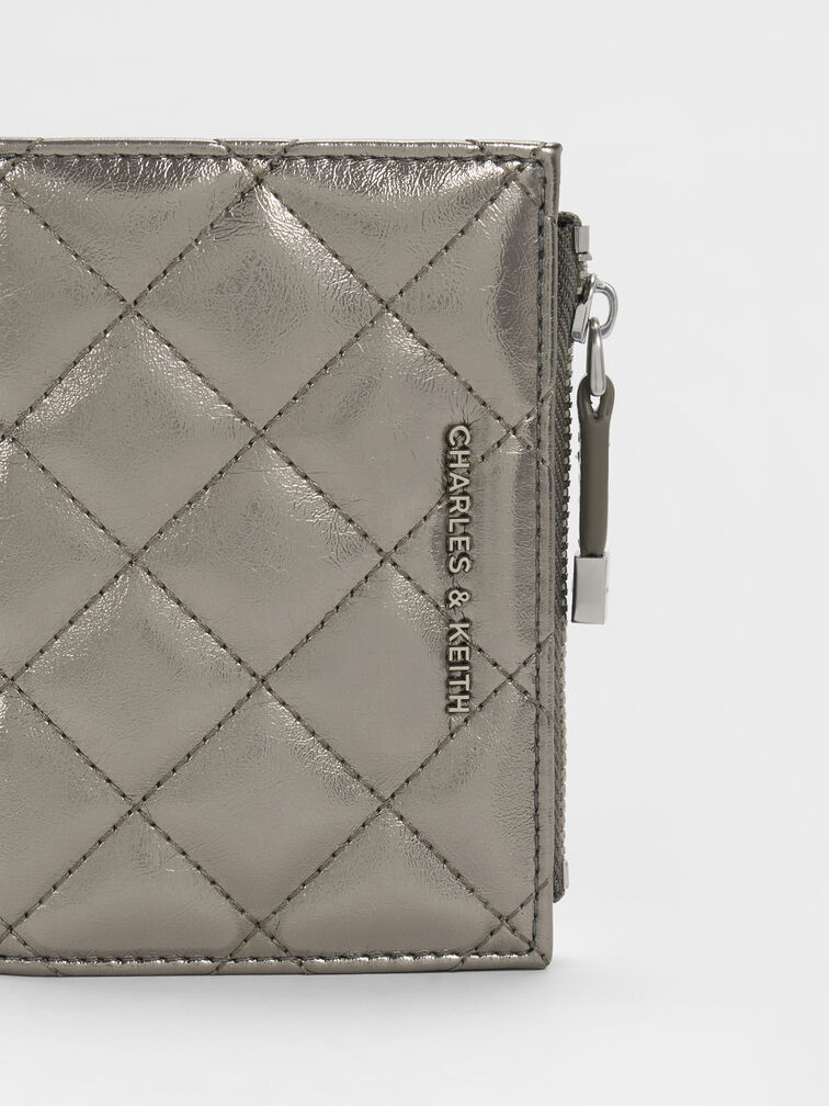 กระเป๋าสตางค์ขนาดเล็กดีไซน์ลายควิลท์เมทัลลิคตกแต่งซิปด้านบนรุ่น Alva, สีพิวเตอร์, hi-res