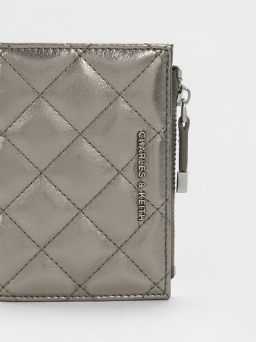 กระเป๋าสตางค์ขนาดเล็กดีไซน์ลายควิลท์เมทัลลิคตกแต่งซิปด้านบนรุ่น Alva, สีพิวเตอร์, hi-res