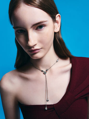 สร้อยคอประดับลายดอกไม้รุ่น Rosalind, สีบรัชซิลเวอร์, hi-res