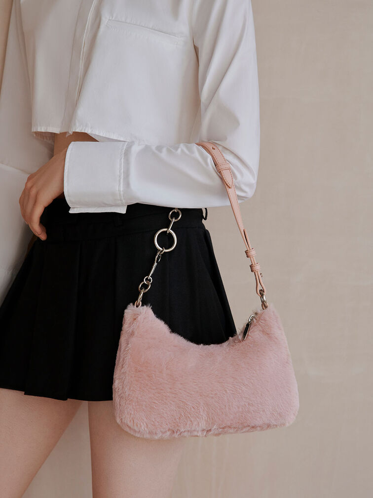 Furry Lock & Key Chain Handle Bag, , hi-res