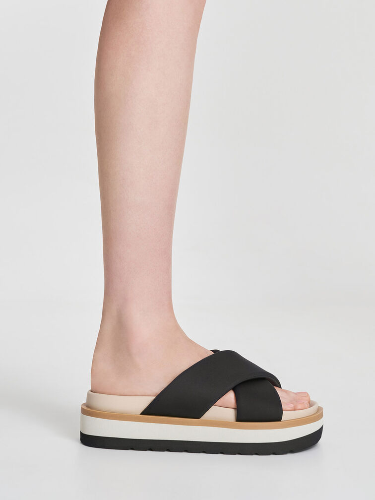 Crossover Platform Slide Sandals, Black, hi-res