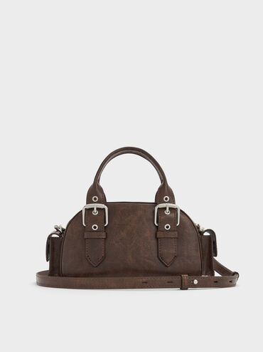 กระเป๋าทรงโบว์ลิ่งตกแต่งสายรัดหัวเข็มขัดพร้อมช่องด้านข้างรุ่น Blaise, สีดิสเทรสด์คอฟฟี่, hi-res